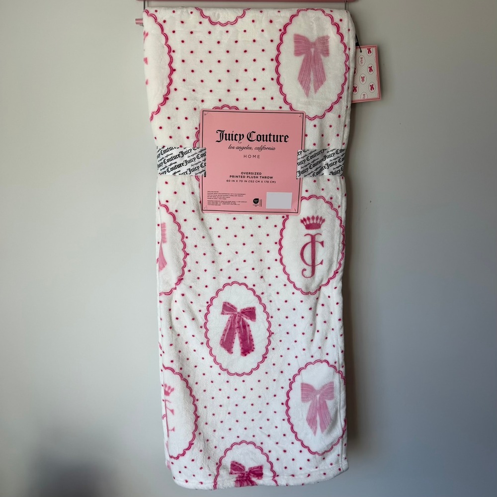 New Juicy Couture White Pink Polka Dot Bows Throw Blanket 60x70 Cute Soft Luxury